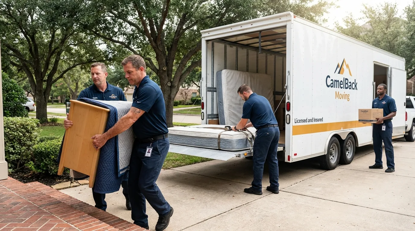 Crew loading residential truck for cross-state move from Edcouch, TX