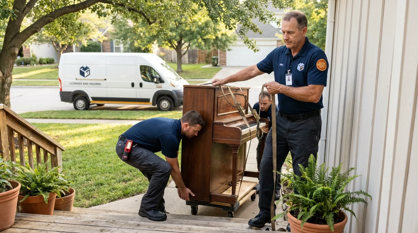 Licensed piano movers securing grand piano in Edcouch, TX