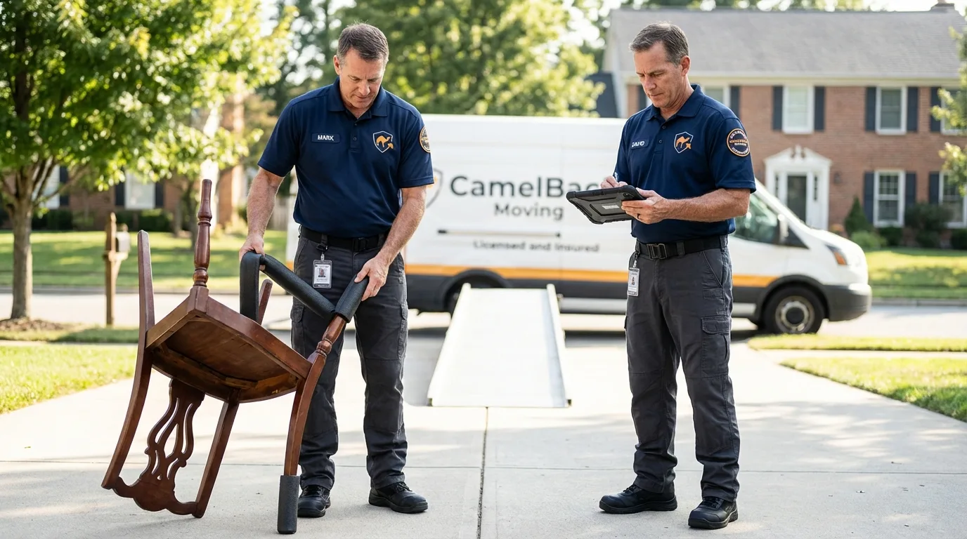 Movers inspecting furniture for damage prevention before loading in Edcouch, TX