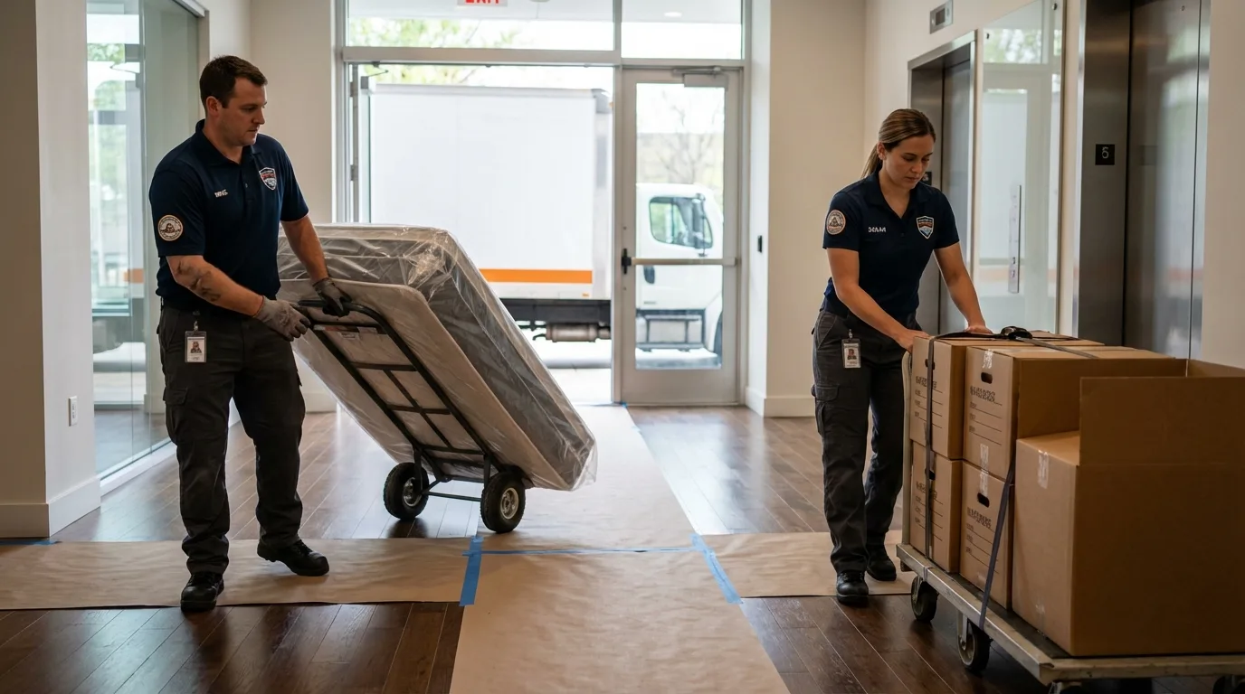 Professional apartment movers loading elevator in Edcouch, TX