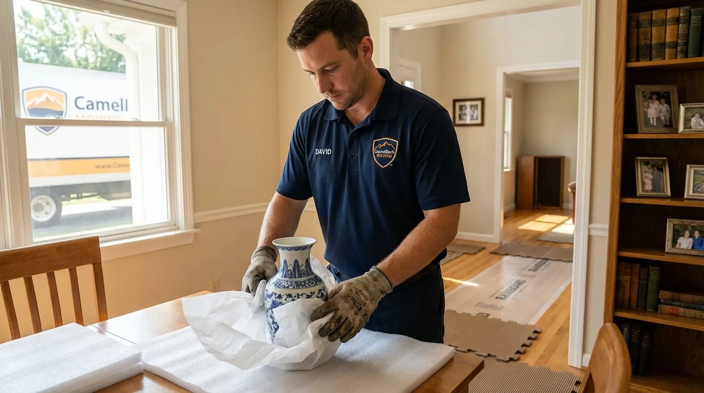 Professional crew carefully wrapping antique vase for senior downsizing move in Edcouch, TX